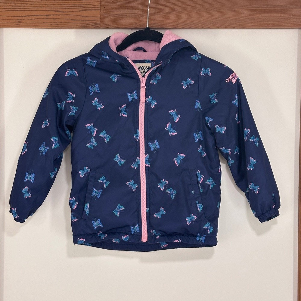 OshKosh B'gosh Kids Butterfly Jacket Navy Pink Hooded‎ Size M 5-6